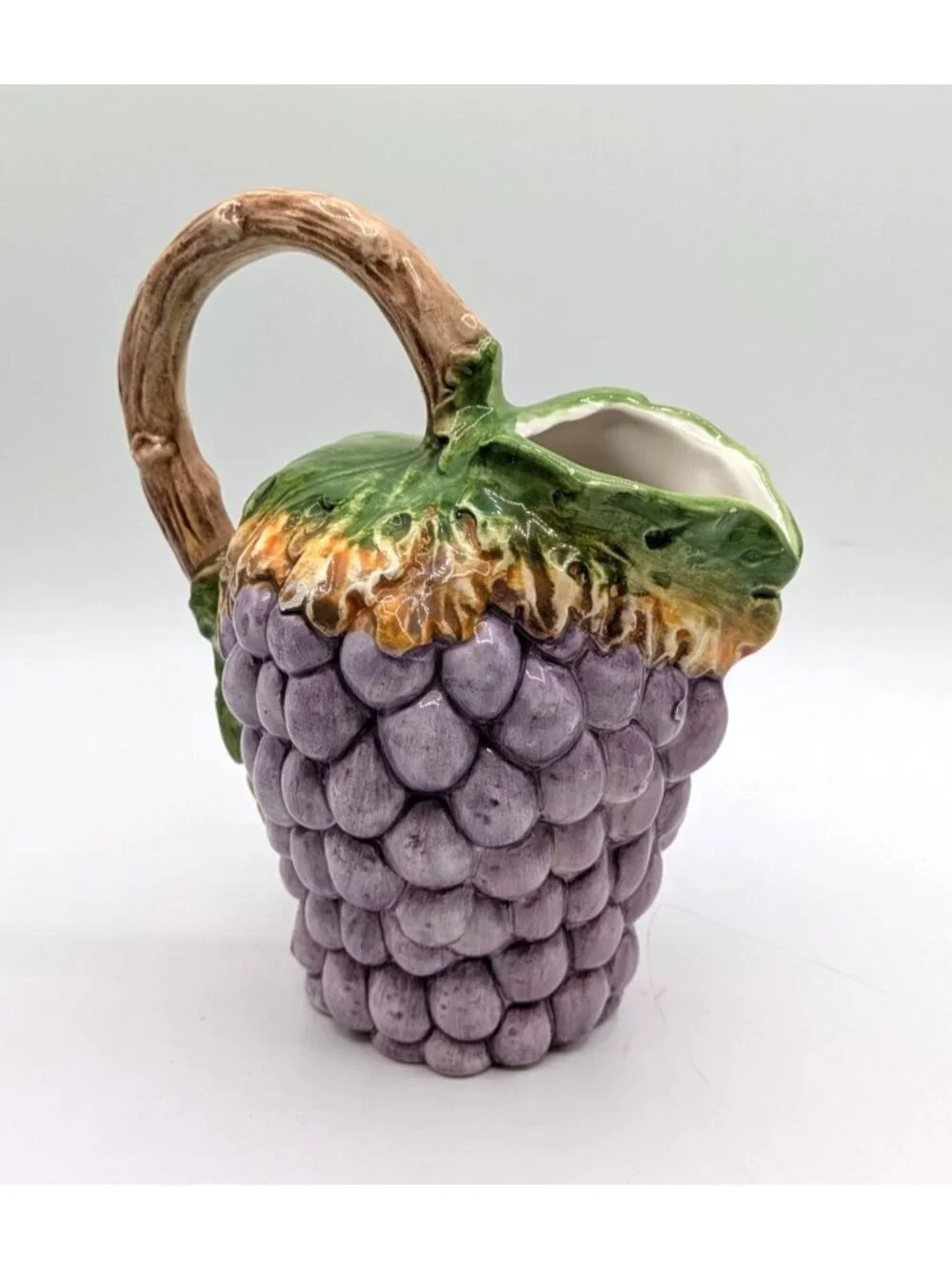Vintage Di Bassano Grape Pitcher Jug Purple Green Hand Painted Ceramic Italy
